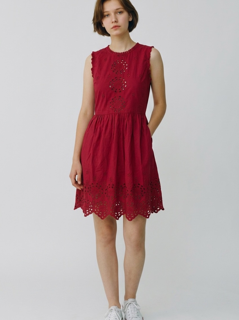 Hinge burgundy dress eyelet embroidery & pom-pom trim Boho size XS women’s